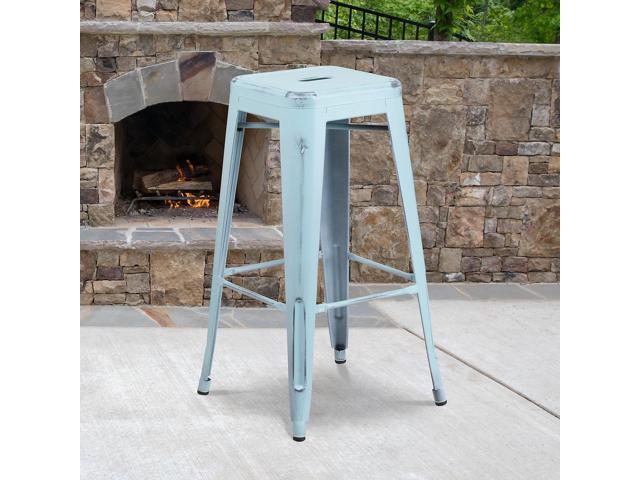 Flash Furniture Commercial Grade 30' High Backless Distressed Green-Blue Metal Indoor-Outdoor Barstool 4 Pack (4ETBT350330DB)