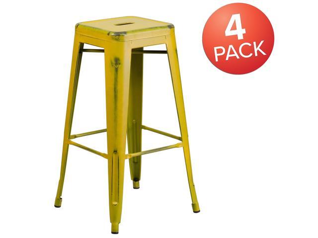 Flash Furniture Commercial Grade 30' High Backless Distressed Yellow Metal Indoor-Outdoor Barstool 4 Pack (4ETBT350330YL)