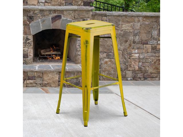 Flash Furniture Commercial Grade 30' High Backless Distressed Yellow Metal Indoor-Outdoor Barstool 4 Pack (4ETBT350330YL)