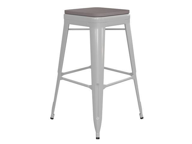 Kai Commercial Grade 30' High Backless White Metal Indoor-Outdoor Barstool with Square Gray Poly Resin Wood Seat