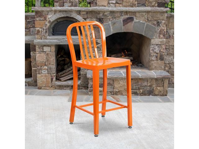 Flash Furniture 24' High Orange Metal Indoor-Outdoor Counter Height Stool with Vertical Slat Back 2 Pack (2CH6120024OR)