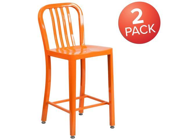 Flash Furniture 24' High Orange Metal Indoor-Outdoor Counter Height Stool with Vertical Slat Back 2 Pack (2CH6120024OR)