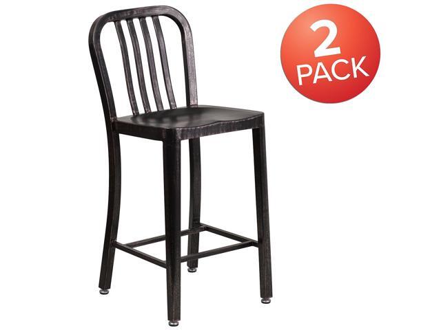 Flash Furniture Commercial 24' High Distressed Black Metal Indoor-Outdoor Counter Height Stool with Back 4 Pack (4ET353424BK)
