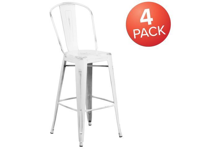 Flash Furniture Commercial Grade 30' High Distressed White Metal Indoor-Outdoor Barstool with Back 4 Pack (4ET353430WH)