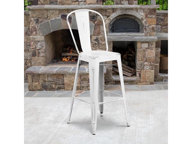 Flash Furniture Commercial Grade 30' High Distressed White Metal Indoor-Outdoor Barstool with Back 4 Pack (4ET353430WH)