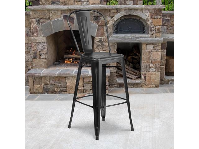 Flash Furniture Commercial Grade 30' High Distressed Black Metal Indoor-Outdoor Barstool with Back 4 Pack (4ET353430BK)
