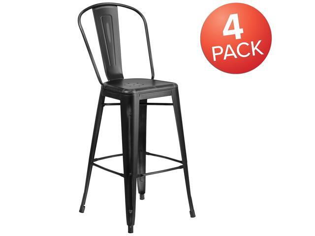 Flash Furniture Commercial Grade 30' High Distressed Black Metal Indoor-Outdoor Barstool with Back 4 Pack (4ET353430BK)