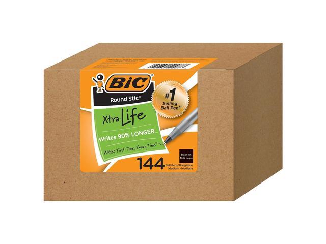 BIC Round Stic Xtra Life Ballpoint Pen, Medium Point (1.0mm), Black, Flexible Round Barrel For Writing Comfort, 144-Count