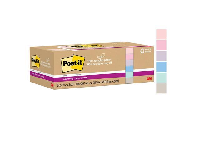 Post-it Recycled Super Sticky Notes 3' x 3' Wanderlust Pastels Collection 70 Sheet/Pad 12 Pads/Pack (654R-12SSNRP)