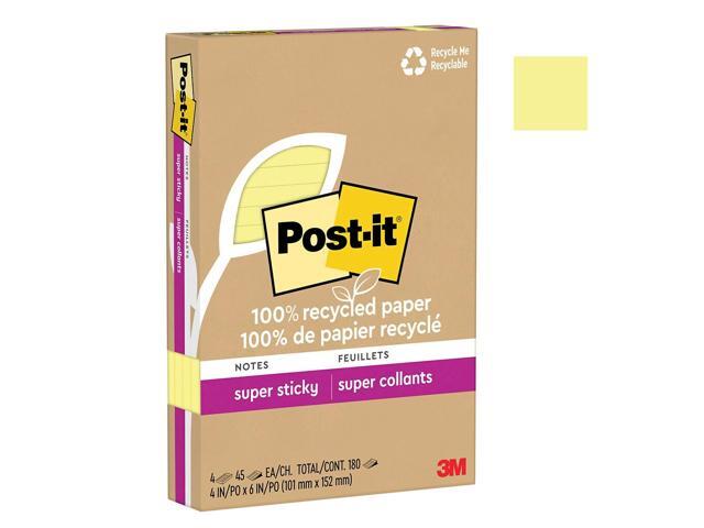 Post-it Recycled Super Sticky Notes 4' x 6' Canary Collection 45 Sheet/Pad 4 Pads/Pack (4621R-4SSCY)