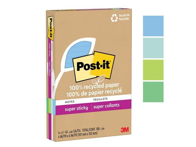 Post-it Recycled Super Sticky Notes 4' x 6' Oasis Collection 45 Sheet/Pad 4 Pads/Pack (4621R-4SST)