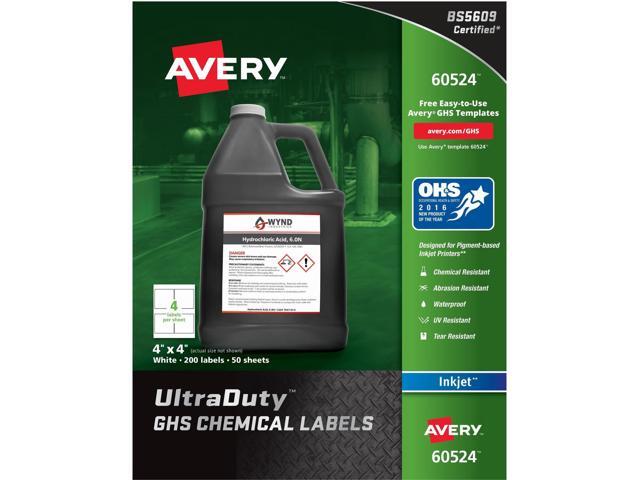 Avery Chem Label, 4'W x 4'H, 200 Labels, PK200 White Synthetic Film 60524