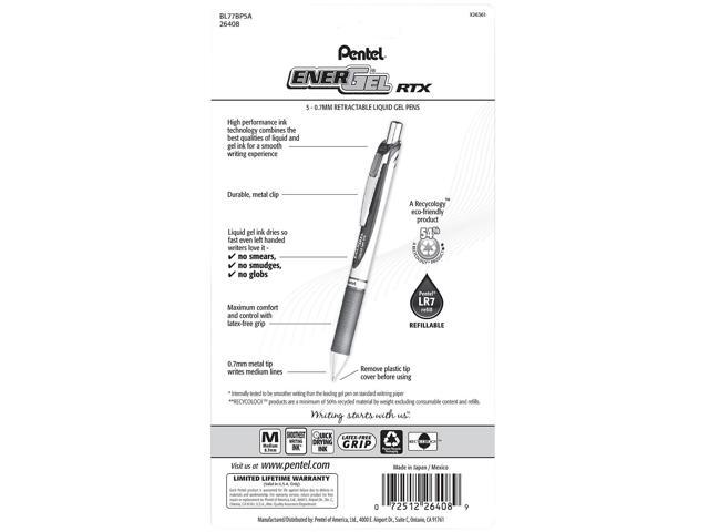 Pentel EnerGel RTX Black Ink Retractable Gel Pen, 0.7 mm, 5/Pack (PENBL77BP5A)