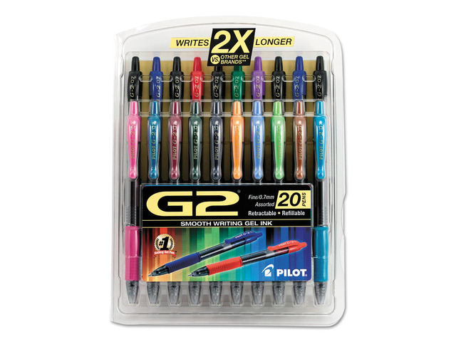 Pilot G2 Premium Retractable Gel Ink Pen Assorted Ink .7mm 20/Set 31294