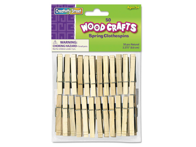 Chenille Kraft 365801 Wood Spring Clothespins, 3 3/8 Length, 50 Clothespins/Pack