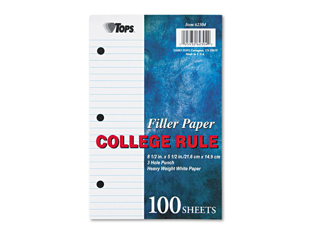 Filler Paper, 3-Hole, 5.5 x 8.5, Medium/College Rule, 100/Pack 62304