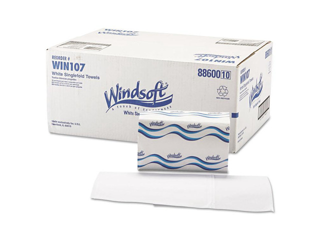 Windsoft 107 Singlefold Paper Towels, 1-Ply, 9 9/20 x 9, White, 250/Pack, 16 Packs/Carton, 1 Carton
