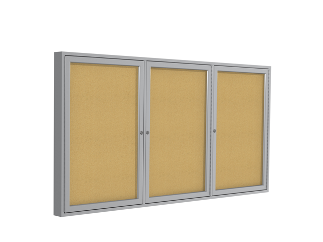 Ghent PA34896K 3 Door Enclosed Natural Cork Bulletin Board with Satin Frame - 96' x 48' - Tan Surface, Satin Aluminum Frame