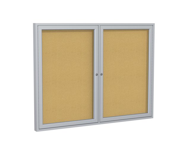 Ghent PA23660K 2 Door Enclosed Natural Cork Bulletin Board with Satin Frame - 60' x 36' - Tan Surface, Satin Aluminum Frame