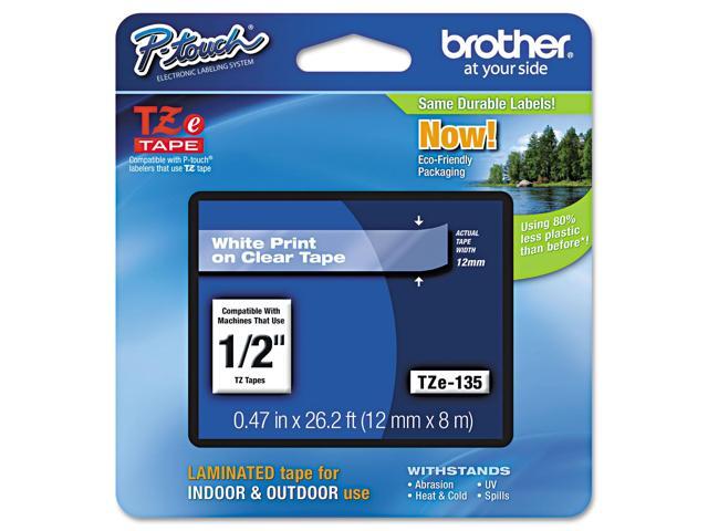 Brother TZe Standard Adhesive Laminated Labeling Tape 1/2w White on Clear TZE135