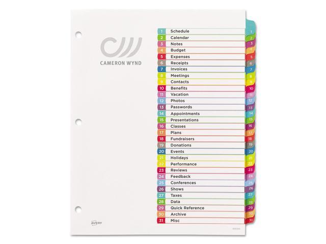 Avery Customizable Toc Ready Index Multicolor Dividers, 1-31, Letter 11846