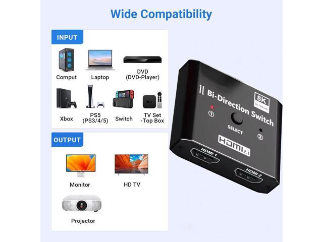 HDMI 2.1 Switch 8K HDMI Switcher, 4K 120hz HDR Aluminum Bi-Directional Switch Splitter 2 in 1 Out or 1 in 2 Out, Support High Speed 48Gbps 8K@60Hz,...