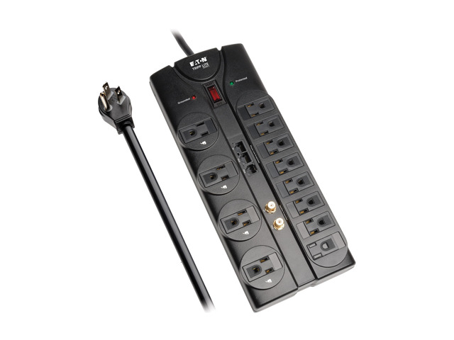 Eaton TLP1208SAT Flat Plug Surge Protector 12 Outlets Home TV Coax, Phone & Ethernet Protection 2880 Joules, 8ft Extension Cable, Manufacturer's &...