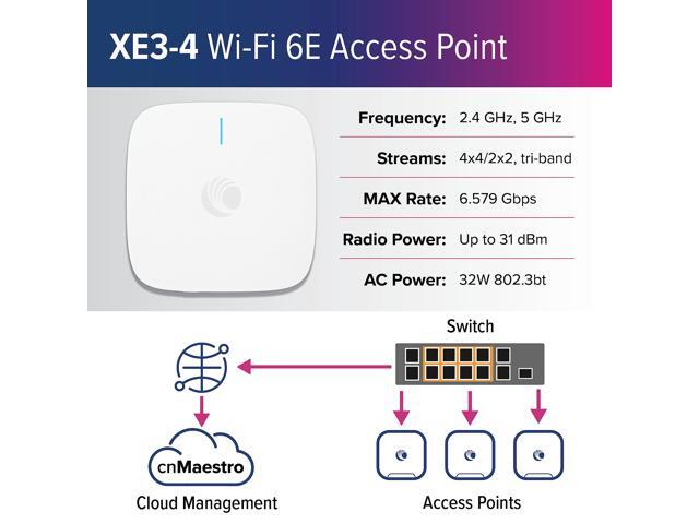 Cambium Networks XE3-4 Indoor Tri-Radio Wi-Fi 6/6E Access Point - 802.11ax 2x2/4x4 5GHz/6 GHz, Omnidirectional Antenna, 2.5 GbE + 1 GbE Ethernet,...