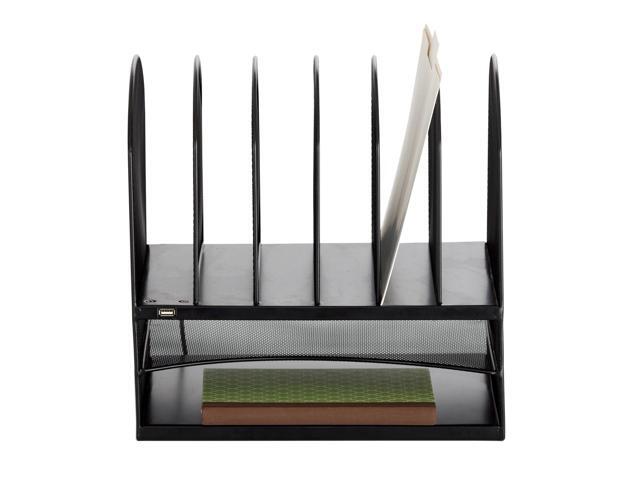 3233BL Onyx Mesh Powered Charging Station Desktop Organizer with 6 Vertical, 2 Horizontal Sections and USB Port, Black, 13.25'W x 11.5'D x 13'H
