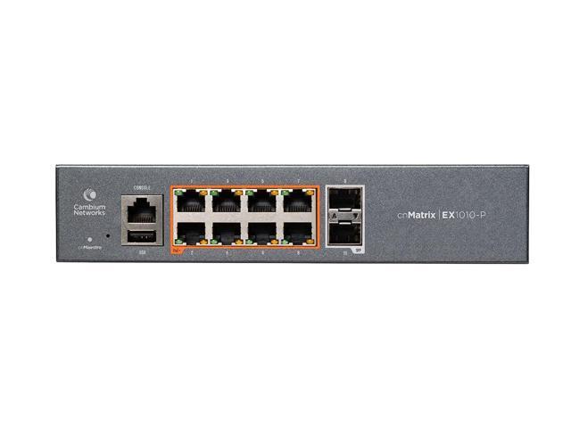 Cambium Networks cnMatrix EX1010-P Switch - 20 Gbps Throughput - 8 Ethernet PoE+ Enabled Ports @75W - 2 SFP Fiber Uplink Ports - 512 MB DRAM - 128...