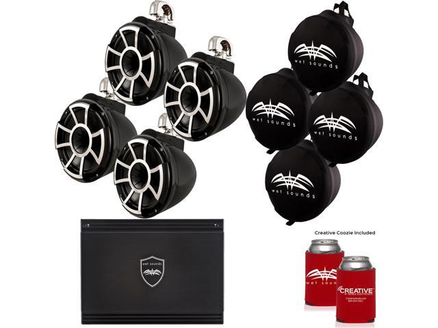 Wet Sounds Two Pairs of Black REV 10 Swivel Clamp Tower Speakers with Wet Sounds Suitz speaker Covers & SD2 Amplifier