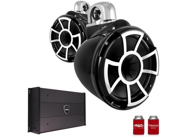 Wet Sounds REV10B-FC 10' Black Tower Speakers with Stainless Steel Fixed Clamps & SYN-DX2.3 1200 Watt Amplifier