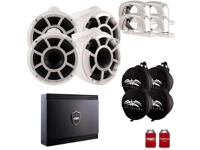 Wet Sounds Two Pairs of White REV 10 Swivel Clamp Tower Speakers with Wet Sounds Suitz speaker Covers & SDX2 Amplifier