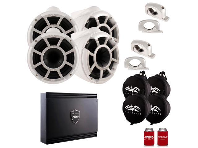 Wet Sounds Two Pairs of White REV 10 Fixed Clamp Tower Speakers with Wet Sounds Suitz speaker Covers & SDX2 Amplifier