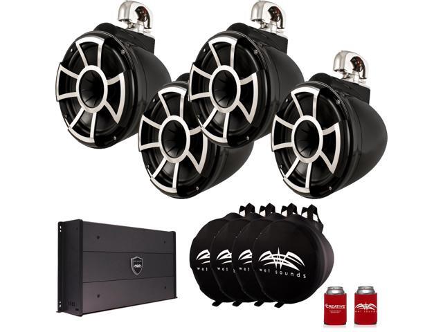 Wet Sounds Two Pairs of Black REV 10 Swivel Clamp Tower Speakers with Wet Sounds Suitz speaker Covers & SYN-DX-2.3HP Amplifier