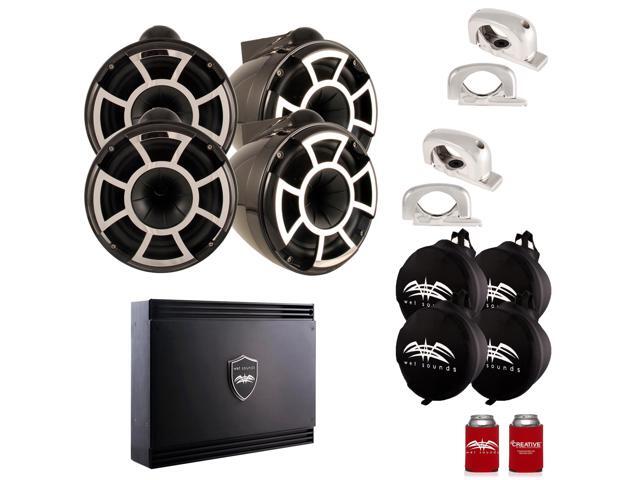 Wet Sounds Two Pairs of Black REV 10 Fixed Clamp Tower Speakers with Wet Sounds Suitz speaker Covers & SDX2 Amplifier