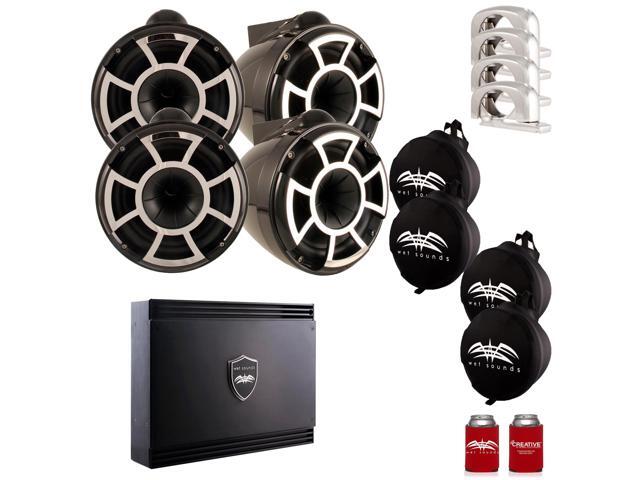 Wet Sounds Two Pairs of Black REV 10 Swivel Clamp Tower Speakers with Wet Sounds Suitz speaker Covers & SXD2 Amplifier