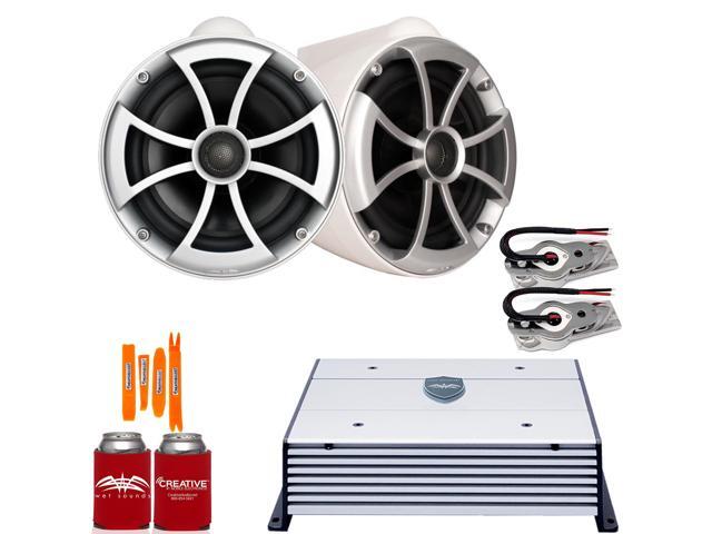 Wet Sounds ICON8W-SXM WHITE 8' Tower Speakers with Stainless Swivel Base Mount (NO PIPE CLAMP) and Wet Sounds HTX2 Amplifier