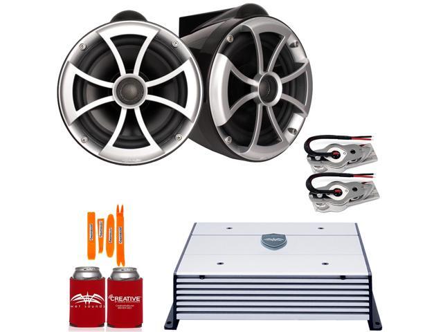 Wet Sounds ICON8B-SXM Black 8' Tower Speakers with Stainless Swivel Base Mount (NO PIPE CLAMP) and Wet Sounds HTX2 Amplifier