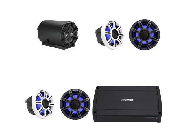 Kicker Pontoon - Tritoon Boat Premium Audio Upgrade, (4) 6.5' LED Marine Speakers, 10' Subwoofer tube & KXMA 5Ch. Marine Amplifier Bundle