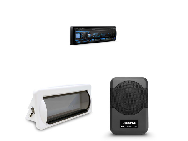 Alpine UTE-83BT Bluetooth Marine Radio Kit with CAMC1W White Single-DIN Cover & PWE-S8-MRN Compact 8' Powered Marine Subwoofer Boat, UTV & Golf...