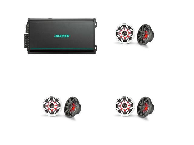 Kicker Marine Audio System KM654L 6.5' LED Speakers (6 Total) with 48KXMA4006 6-Channel Amplifier Pontoon & Wake Boat Speaker Upgrade