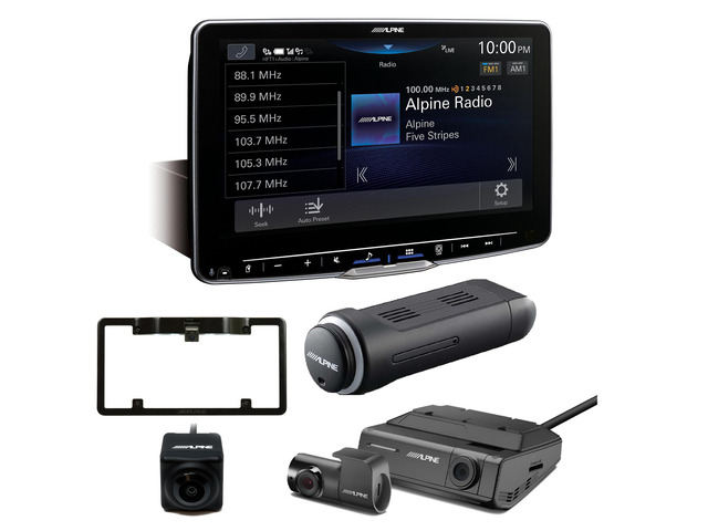 Alpine ILX-F511 Halo11 11' Multimedia Receiver with KTX-NS01 Nav Module, HCE-C1100 BU Camera w/ Frame, and DVR-C320R Alpine Dash Camera