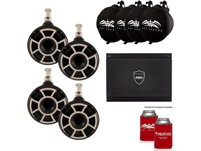 Wet Sounds Two Pairs of Black REV 10 Fixed Clamp Tower Speakers with Wet Sounds Suitz speaker Covers & SD2 Amplifier