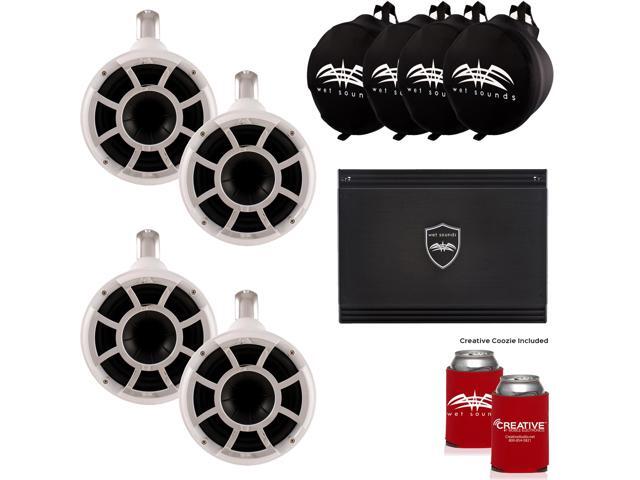 Wet Sounds Two Pairs of White REV 10 Fixed Clamp Tower Speakers with Wet Sounds Suitz speaker Covers & SD2 Amplifier