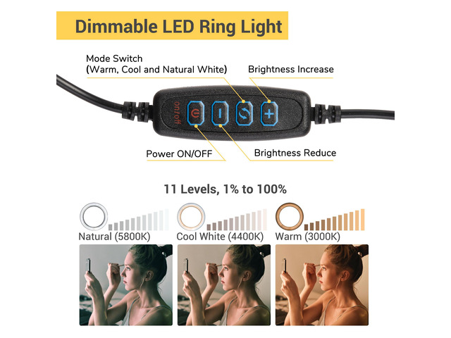 8' Dimmable LED Ring Light Floor Table Stand USB w/ Phone Holder Selfie Stick for Makeup Live Stream