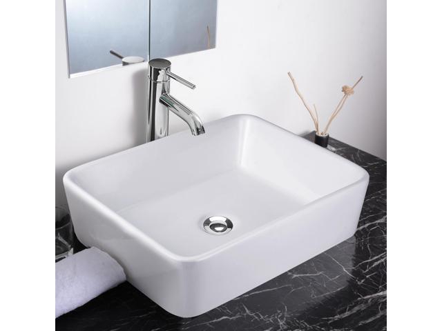 Aquaterior 19-2/7'x15'x5-1/8' Rectangle White Porcelain Ceramic Bathroom Sink w/ Free Chrome Drain