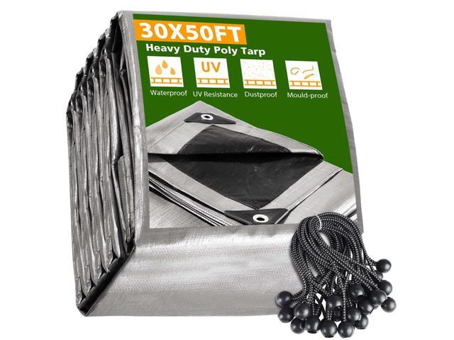 Yescom 30x50FT 10-Mil Plastic Tarp Waterproof Heavy Duty Tarpaulin with 25PCS 9' Ball Bungee Cords Reversible Green House Pool