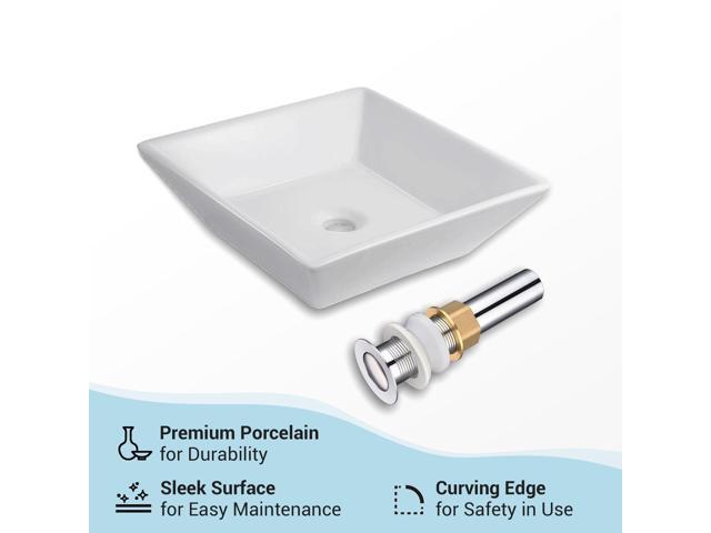 Aquaterior 16-1/7'x16-1/7'x4-1/3'H Square White Porcelain Ceramic Bathroom Sink w/ Free Chrome Drain