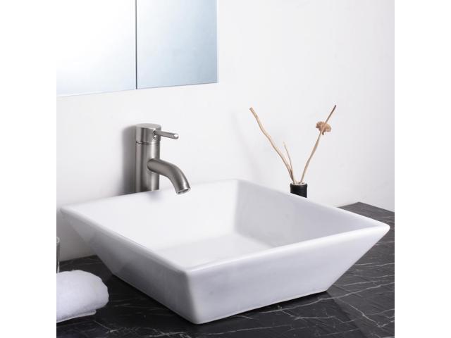 Aquaterior 16-1/7'x16-1/7'x4-1/3'H Square White Porcelain Ceramic Bathroom Sink w/ Free Chrome Drain